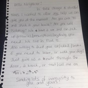A picture of a letter offering help to neighbours