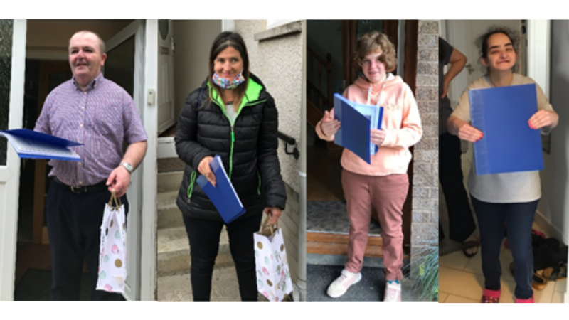 A collage of four people standing in front of their front doors holding a blue folder containing a certificate